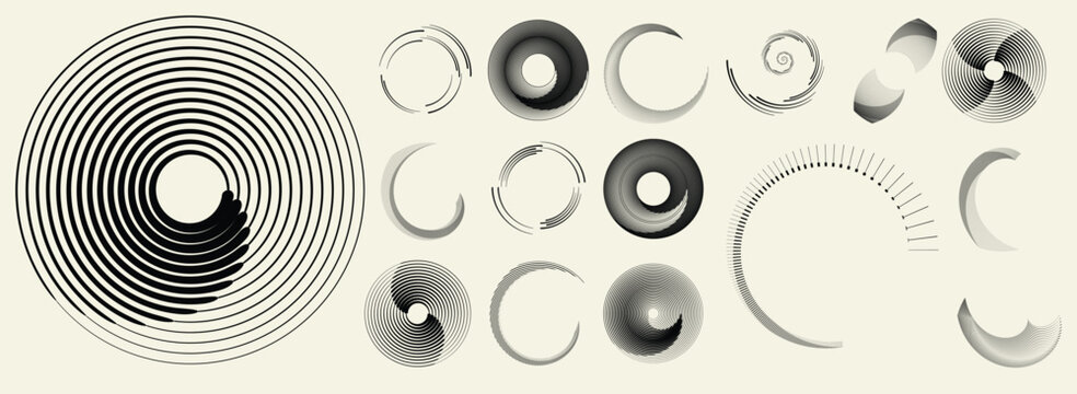 Collection of vector design elements. Set of logos with lines, spirals and circles. Various forms of line and dots design.Vector logo collection. Bundle of circle icons and elements. Set of lines art.
