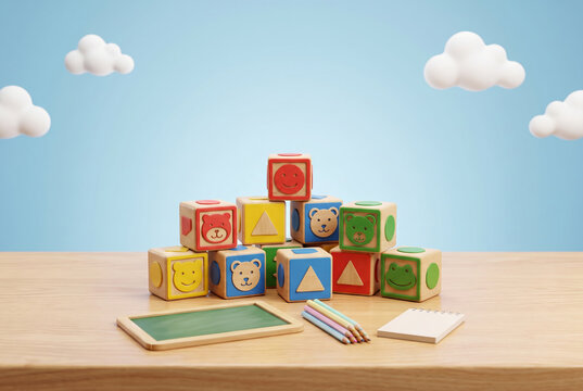 Colorful wooden building blocks arranged on polished natural wood table