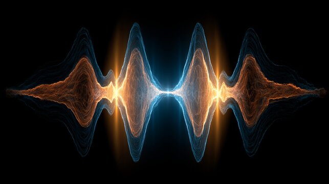 Radiant, undulating sonic waves emerge from a central point, exhibiting orange and blue hues against a stark black background, concept for audio visualization