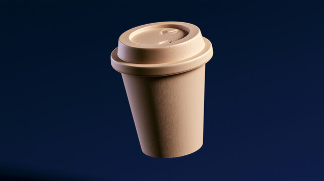 Takeaway coffee cup floating against navy blue background with realistic paper texture, premium 3D product render for cafe branding