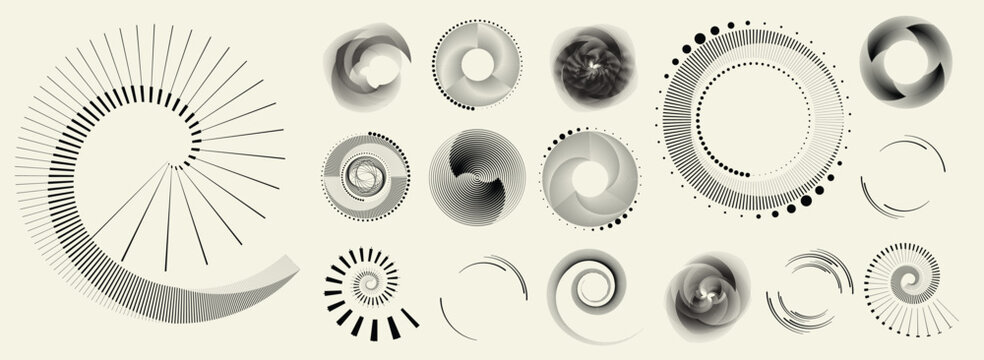 Collection of vector design elements. Set of logos with lines, spirals and circles. Various forms of line and dots design.Vector logo collection. Bundle of circle icons and elements. Set of lines art.
