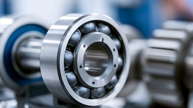 Close up of a precision engineered ball bearing with metallic rollers and inner race  showcasing industrial manufacturing detail