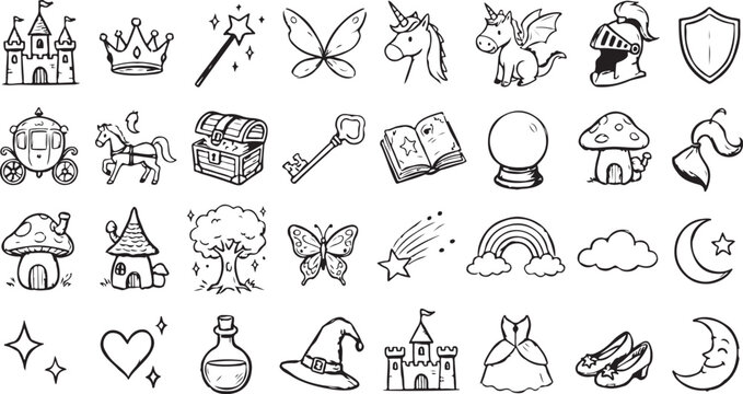 Set of hand drawn doodle fairy tale elements black and white sketch style.
