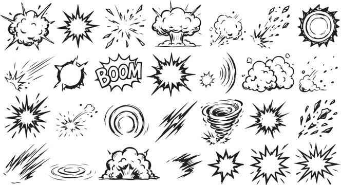 Set of comic boom explosion elements hand drawn sketch style isolated.