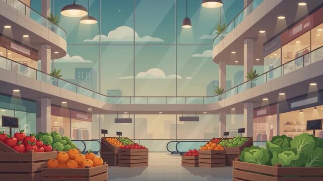 Modern shopping mall interior with fresh produce market stalls, featuring fruits and vegetables in wooden crates, and bright, spacious architecture.