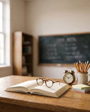 The surface of an oak teacher's desk in a quiet classroom