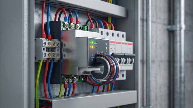 Electrical control panel cabinet with modular relay switches and connected multi colored wiring for industrial machinery.
