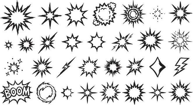 Set of comic starburst and burst elements hand drawn sketch style isolated.
