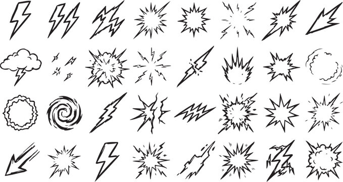 Explosion and lightning bolt icons set vector comic style.