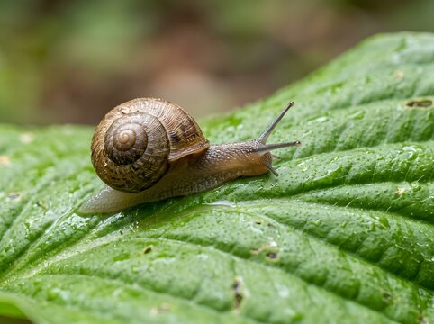 Snail crawling slowly on a green leaf