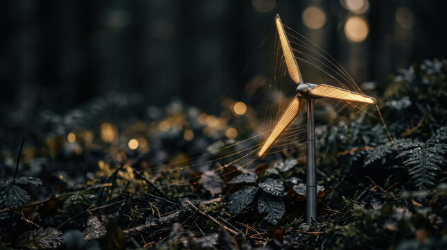 Miniature glowing wind turbine model standing on dark forest floor representing innovative green energy concepts and harmony with nature