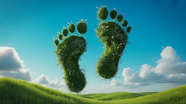 Two large footprints made of green grass and flowers on a rolling meadow under a bright blue sky representing a sustainable and eco-friendly life