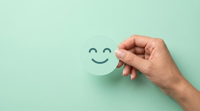 A person holds a small paper cutout displaying a cheerful smiling face icon against a matching soft mint green studio background backdrop