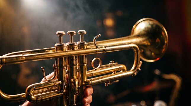 Golden Brass Trumpet Held By Musician In A Dimly Lit Jazz Club Setting With Atmospheric Smoke And Dramatic Stage Lighting Effects