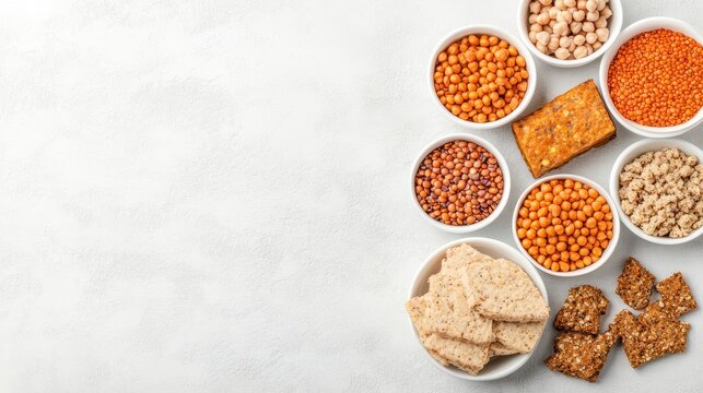 Assortment of plant based protein ingredients including lentils, chickpeas, tempeh, and grains in white bowls. Healthy vegan eating concept on light background.
