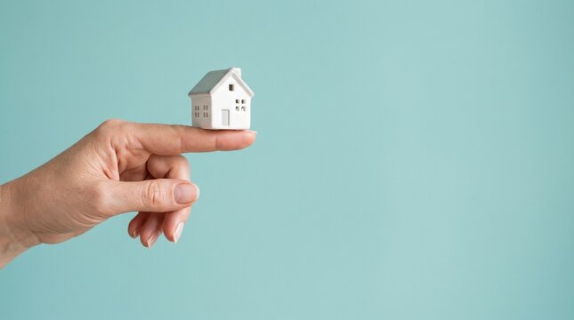 A human hand carefully balancing a tiny white miniature house model on a single fingertip against a clean light blue background