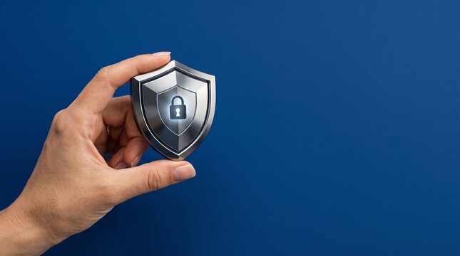 Human hand holding a metallic shield icon with a glowing padlock symbol representing digital data security and personal online privacy protection