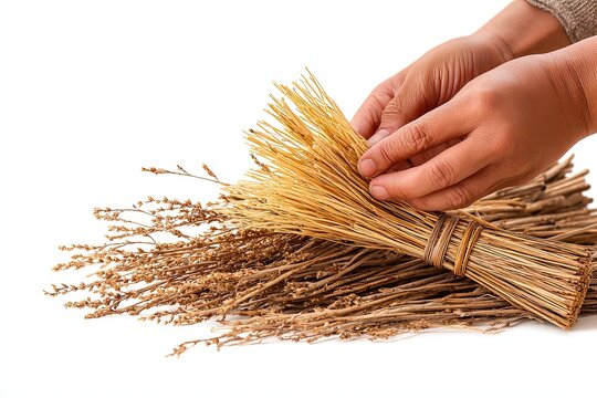 Hands carefully bundling dry wheat stalks, showcasing a rustic, natural craft or agricultural theme.