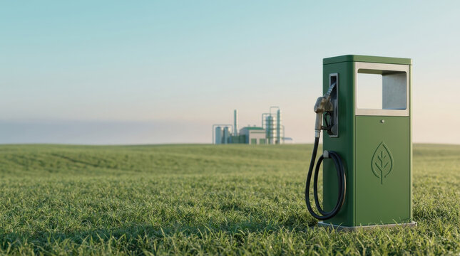 Alternative clean fuel dispenser in vast meadow illustrating zero emission goals and environmental transition towards renewable resources