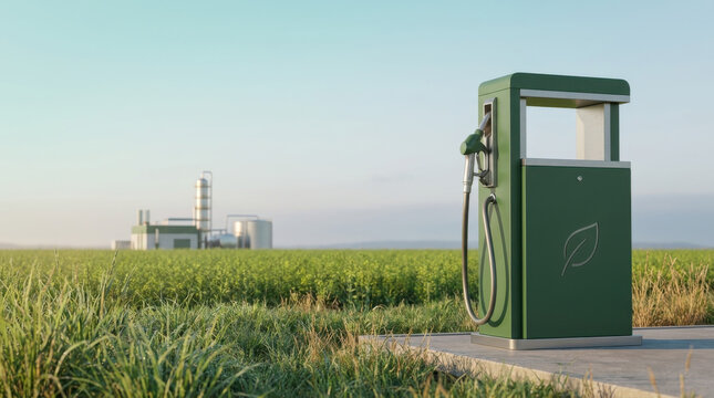 Biomass energy processing plant behind green pump equipment representing eco friendly industrial manufacturing and sustainable farming