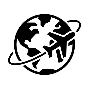 airplane flying around globe glyph icon