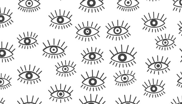 Monochromatic seamless pattern background featuring numerous simple hand-drawn eyes with long eyelashes in black and white.