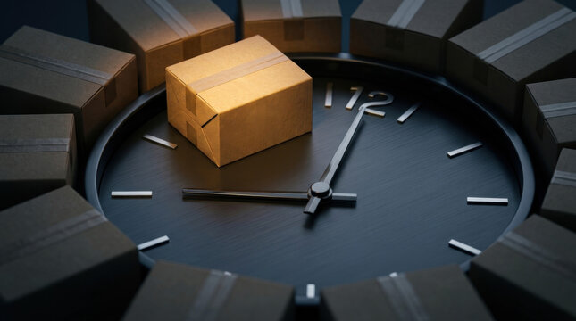 Illuminated delivery parcel resting on a dark clock face emphasizing urgent shipping deadlines and priority fulfillment services