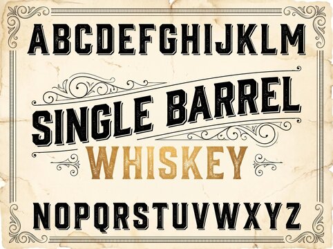 Vintage Whiskey Label Design with Retro Typography and Decorative Ornamental Border on Aged Paper Background
