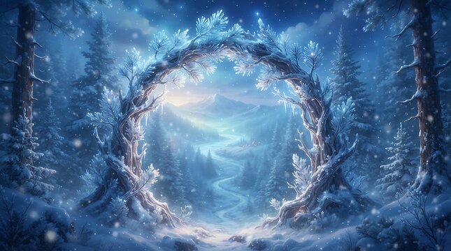 Magic frozen portal made of snowy ice branches leading to a beautiful winter valley with a winding path surrounded by a snow covered pine forest