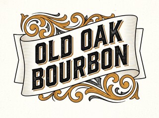 Obraz premium Vintage Style Bourbon Label Design with Decorative Flourishes and Banner Ribbon on White Background