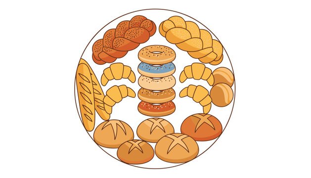 Large circular assortment of different types of baked goods including bread loaves, rolls, bagels, and croissants.