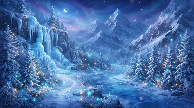 Magical winter valley landscape featuring majestic snow capped mountains, frozen waterfalls, and glowing lights