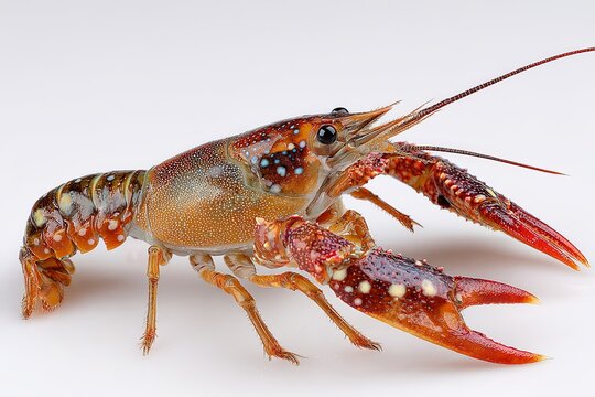 A solitary crayfish, showcasing its intricate segmented body, sharp claws, and delicate antennae, is presented in a close-up studio shot.