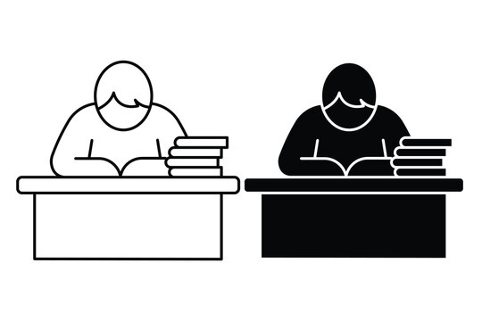Black and white outline icon showing a person studying hard at a wooden desk with books.