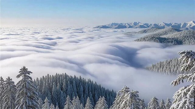 Dramatic timelapse of white fog and sea of clouds rolling over forested mountain valley.