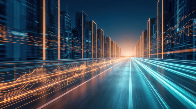 High speed digital data transfer highway in futuristic smart city with glowing circuit lines representing fast internet connectivity