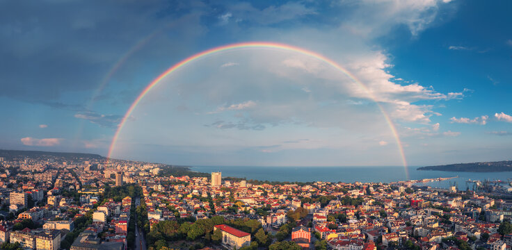 Panoramic aerial view of Varna city and Black Sea with double rainbow in Bulgaria
