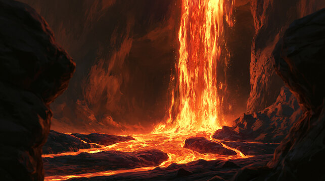 A glowing waterfall of molten lava flows through a dark volcanic cave with dramatic lighting. Fiery underworld concept for fantasy background art.