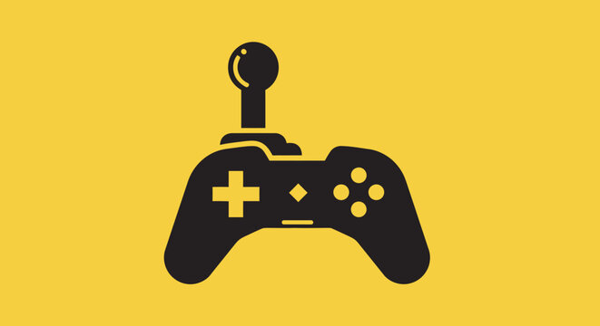 Video game controller icon on yellow background with black video entertainment joystick gameplay leisure graphic gaming hobby fun