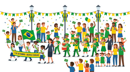 Fototapeta premium Brazilian Independence Day Celebration: Diverse People and School Band with Flags
