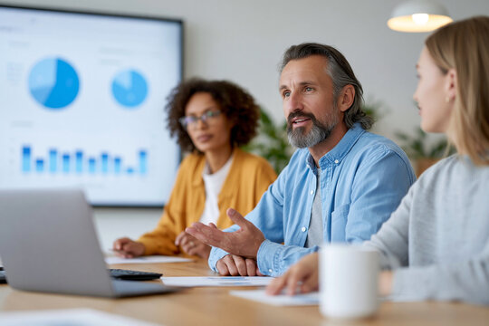 Three professionals collaborate around a modern conference table. Man gestures while speaking, conveying engagement and focus. Woman listens attentively, her expression thoughtful and involved