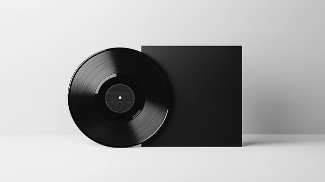 Black vinyl record partially peeking from a blank cover sleeve, presented as a clean mockup for album artwork, music branding, record packaging, and graphic design.