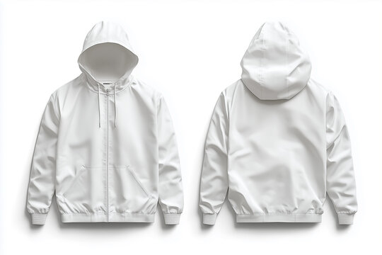 Blank windbreaker jacket shown from front and back against a clean white background, suitable for apparel branding, clothing design, sportswear, and fashion mockups.