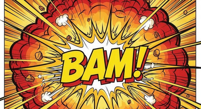 Explosive comic book style impact with bold BAM text.