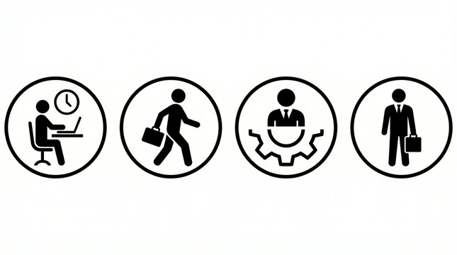 Professional work life icons with office desk, commuting, teamwork gear, business briefcase career progression graphic illustration design.