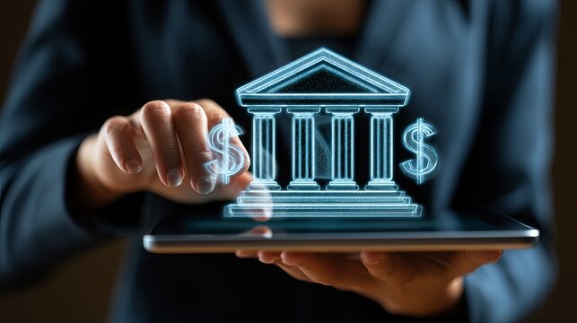 A person&rsquo;s hand displaying a tablet screen showcasing a glowing blue building icon with dollar signs, representing financial technology and investment concept