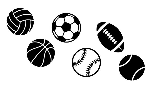 Modern sports ball symbols volleyball soccer basketball softball football and tennis black vector icon set