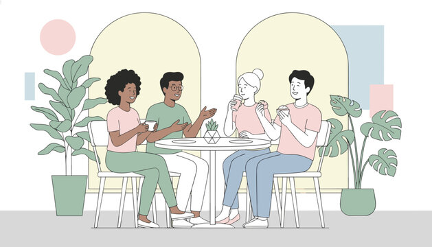 Group of four diverse friends sitting around a table at a modern cafe talking and enjoying coffee and drinks together.