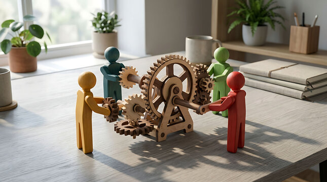 Wooden figurine teamwork concept with gears and cogs on office desk