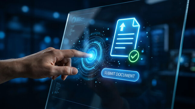 Person using a futuristic glass tablet to submit and upload an official document